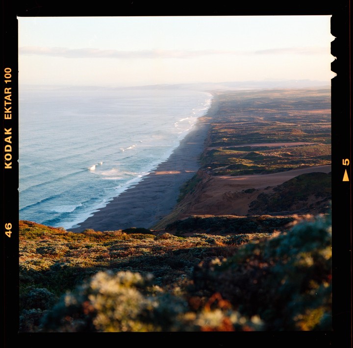 A long stretch of beach and ocean is visible from a high vantage point, with green and brown foliage in the foreground.