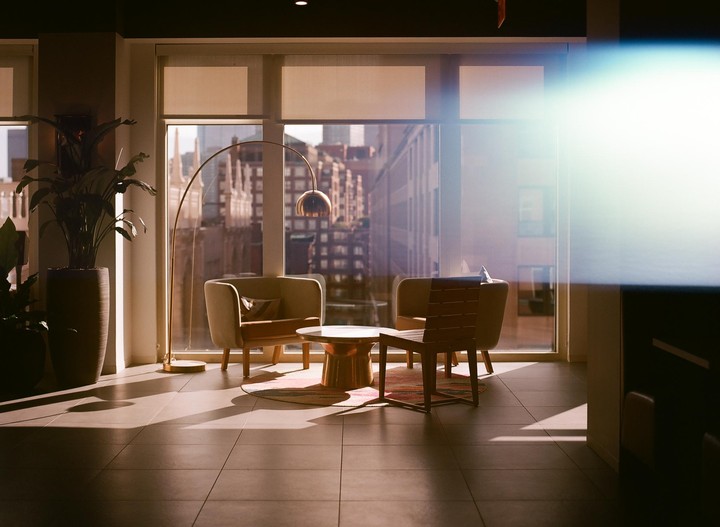 Sunlight streams into an office lounge area with a potted plant, two armchairs, a coffee table, a floor lamp, and a city view through large windows.