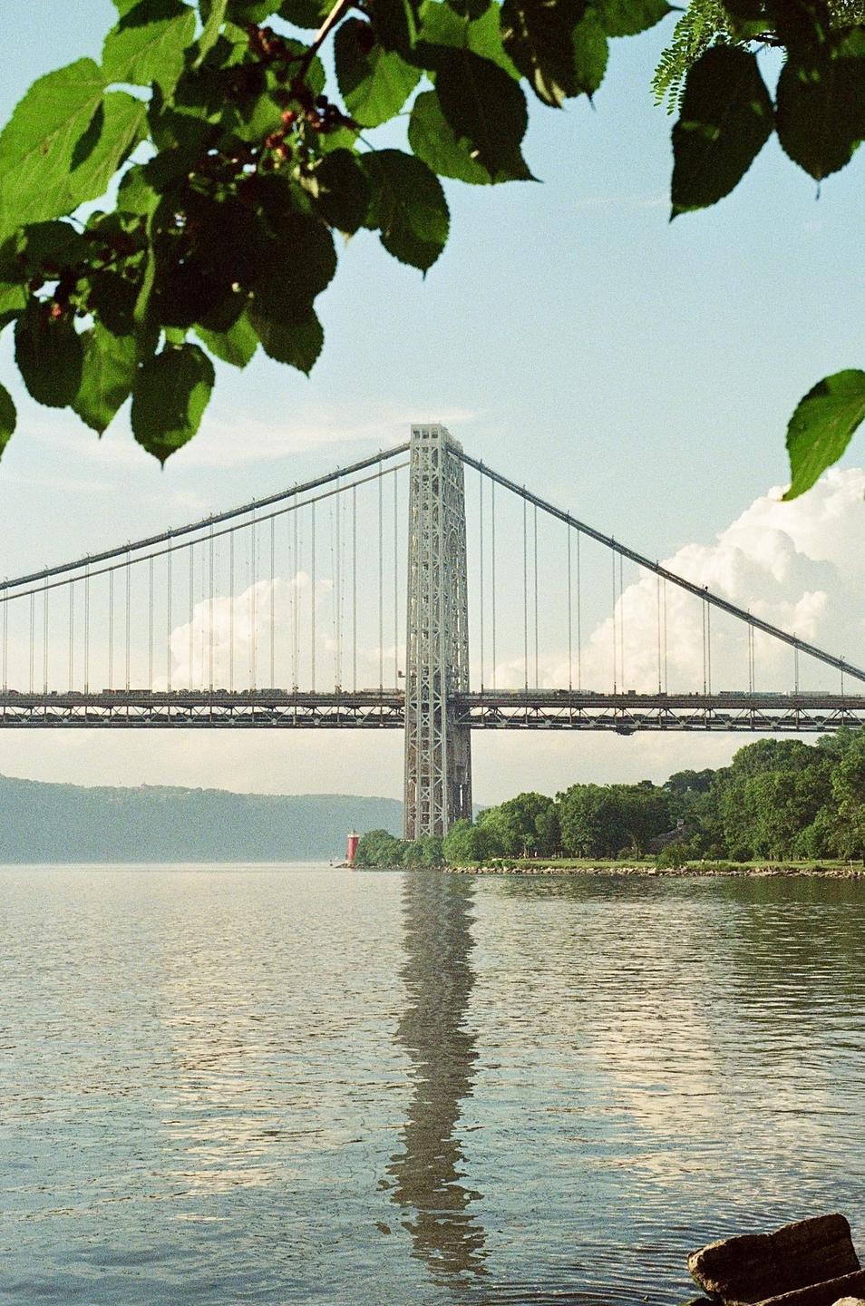 A suspension bridge spans a body of water with a small lighthouse and trees on the far bank, framed by green leaves in the foreground.