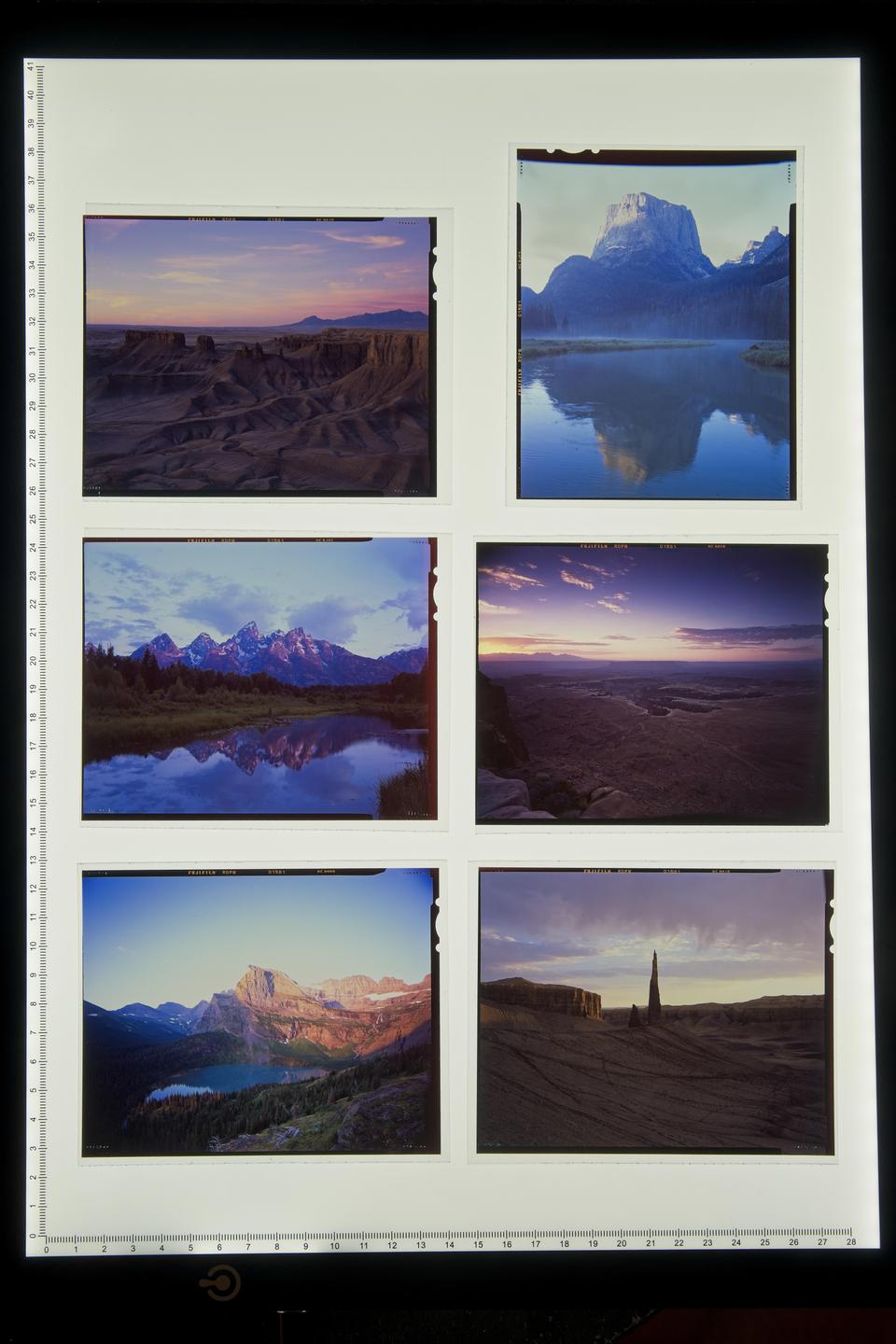 Six landscape photographs are arranged in two columns and three rows, showing mountains, lakes, and desert rock formations.