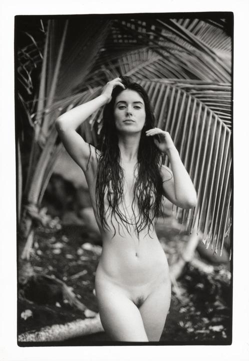 A nude woman with long wet hair stands in front of palm fronds.