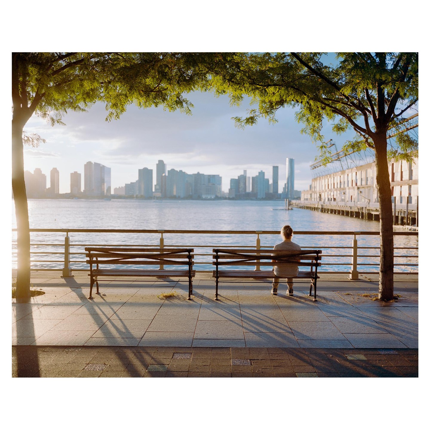 A person sits on a bench by the Hudson River, looking at the city skyline across the water.