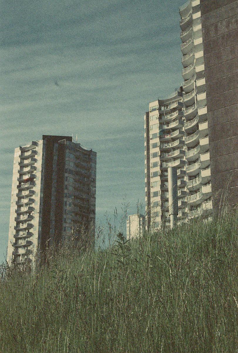 Two tall apartment buildings rise above a field of tall grass under a cloudy sky.