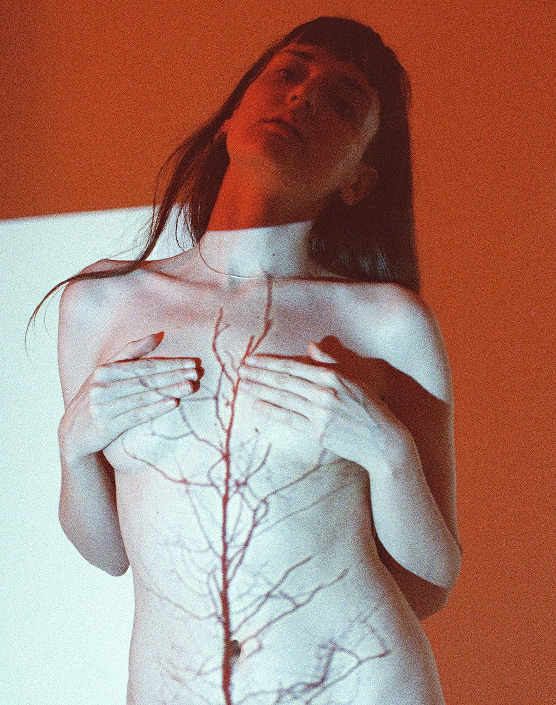 A woman covers her chest with her hands while a tree shadow is projected onto her body.