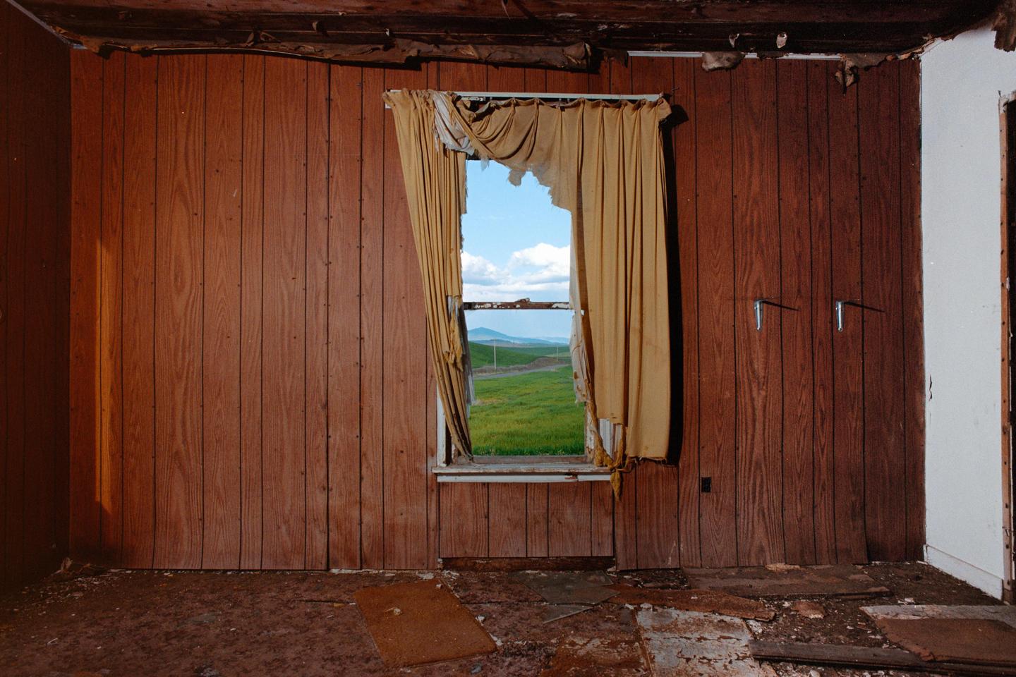 A tattered curtain hangs over a window in a derelict room, revealing a vibrant green landscape under a blue sky.