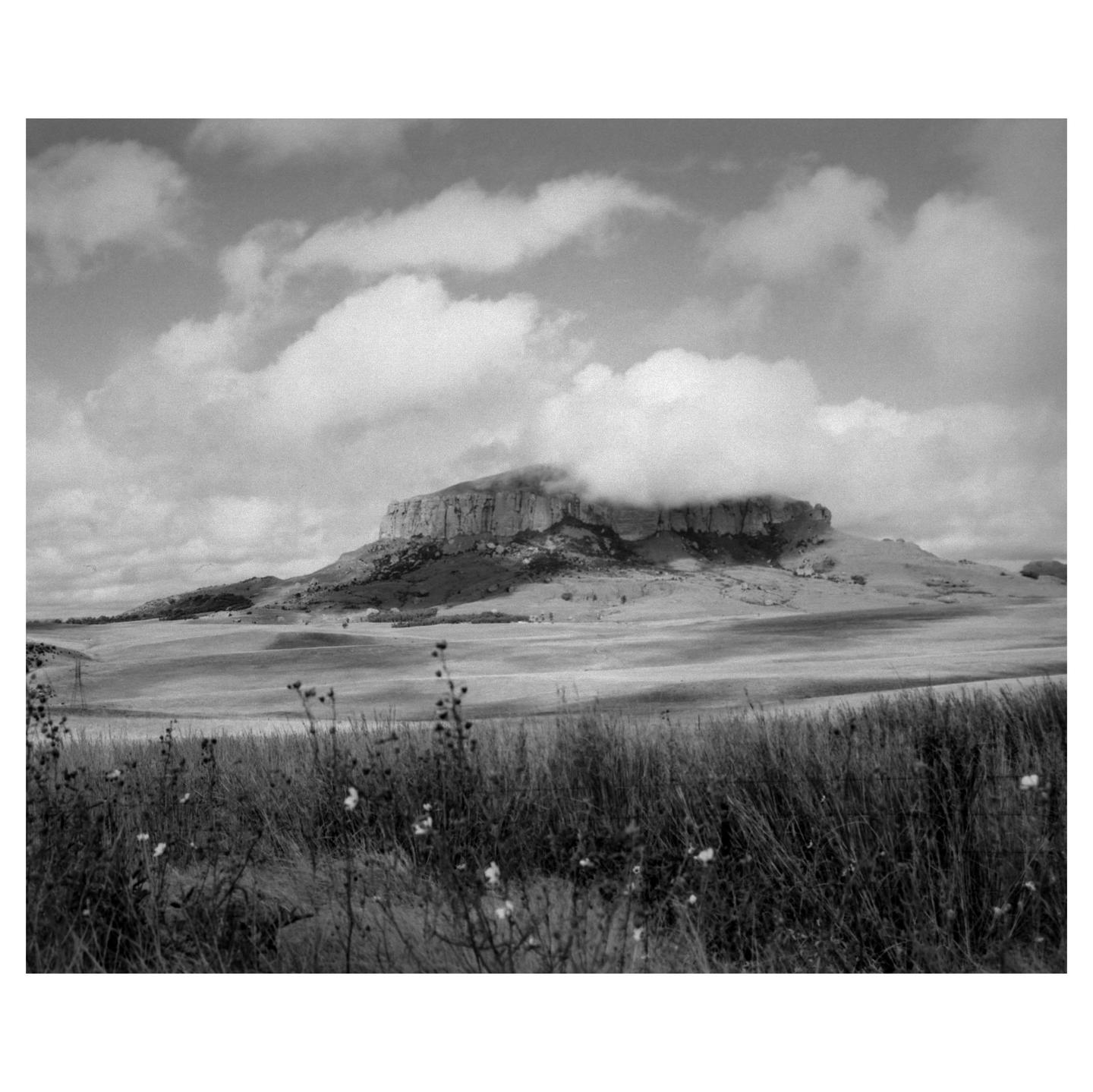 A black and white landscape shows a flat-topped mountain with clouds obscuring its peak, and a field of tall grass and wildflowers in the foreground.