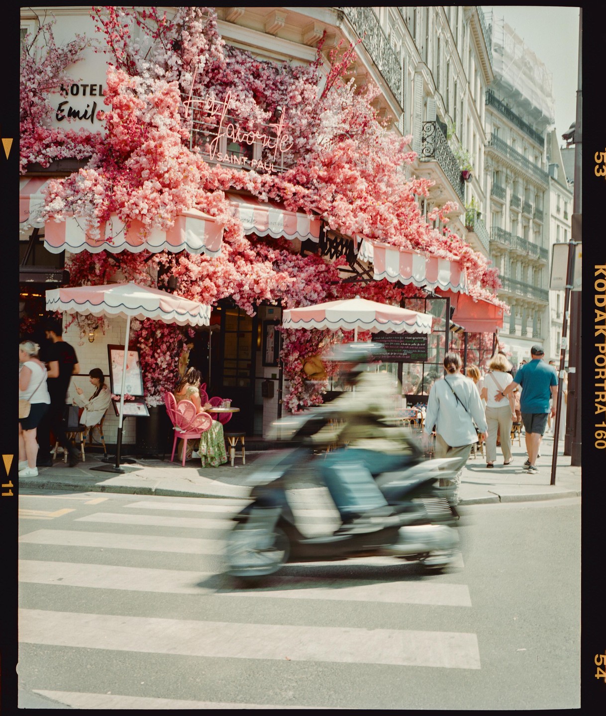 A cafe with pink awnings and abundant pink flowers on its facade is seen from across a street with a blurred scooter in the foreground.
