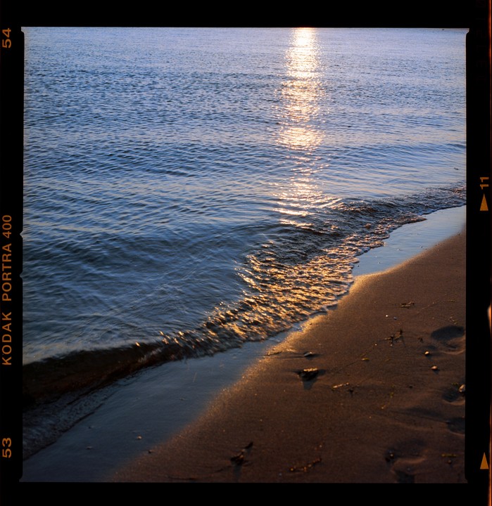 The sun reflects on the water and wet sand at the edge of a body of water.