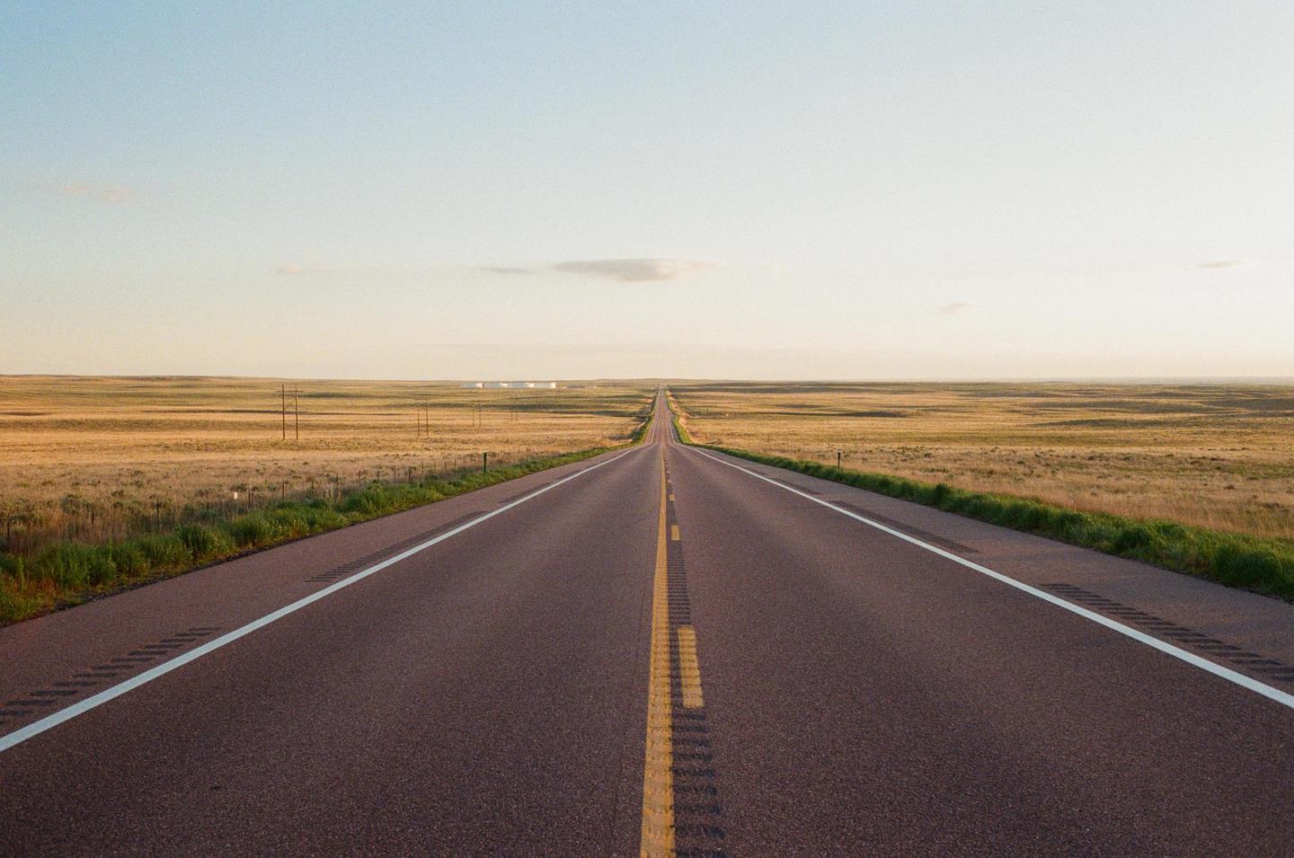 A long, straight road stretches into the distance through a flat, grassy landscape under a pale sky.