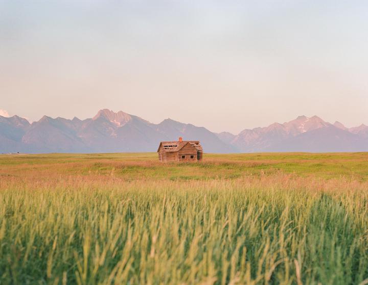 An abandoned wooden house stands in a field of tall grass with mountains in the background.