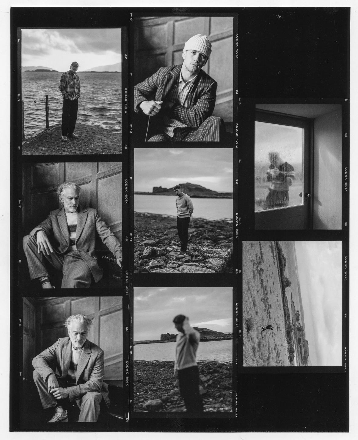 A contact sheet displays multiple black and white photographs of men in various settings, including a coastline, a wooden interior, and a window.