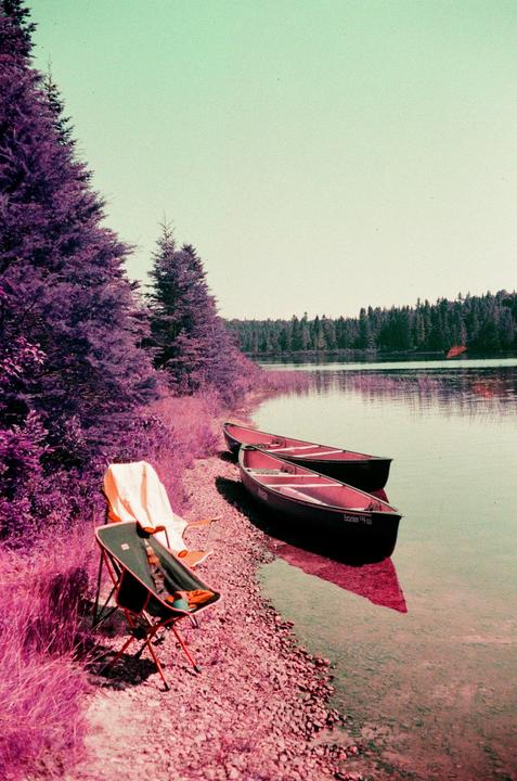 Two canoes are pulled ashore next to a lake with purple trees and a camping chair.
