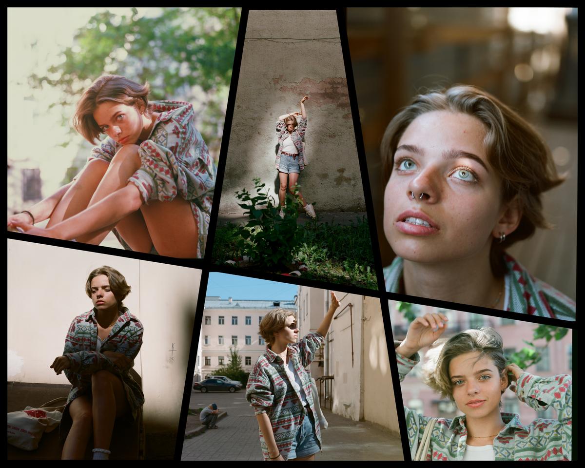 A collage shows a woman in various poses and settings, including sitting, standing, and looking up.