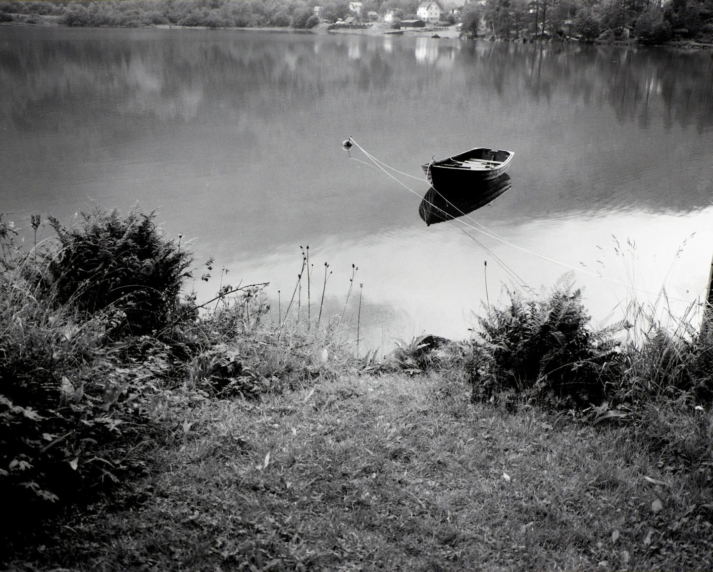 A small boat is moored on a calm lake with trees and houses visible on the far shore.