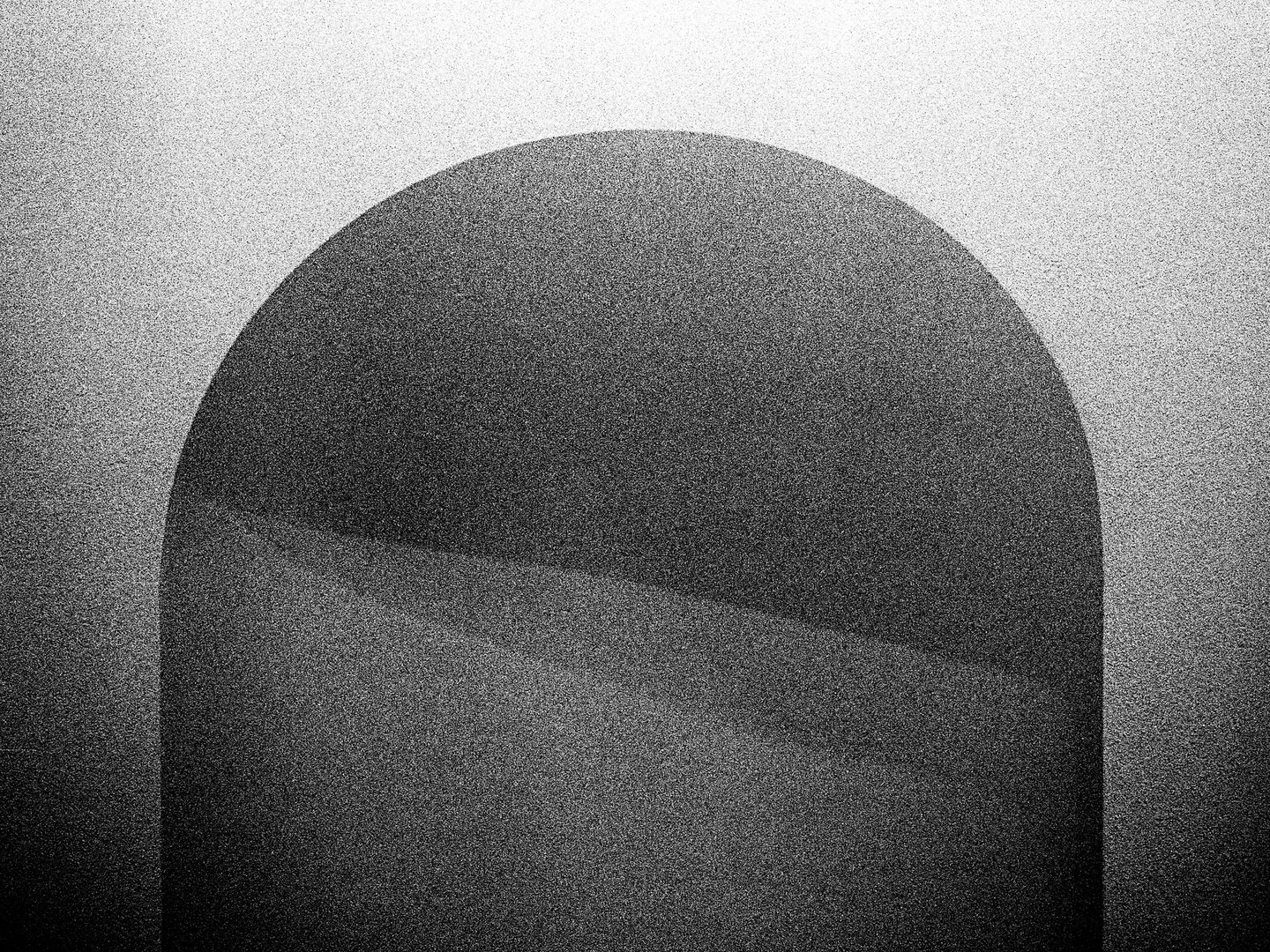 A grainy black and white image features a large dark arch shape with subtle internal curves against a lighter background.
