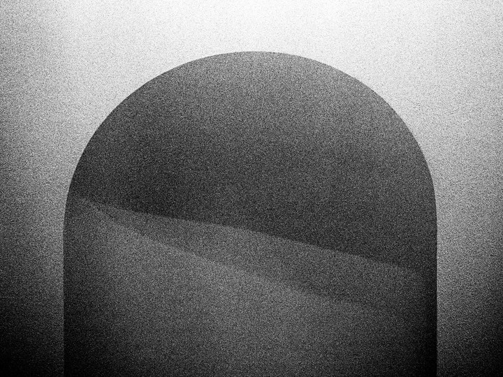 A grainy black and white image features a large dark arch shape with subtle internal curves against a lighter background.