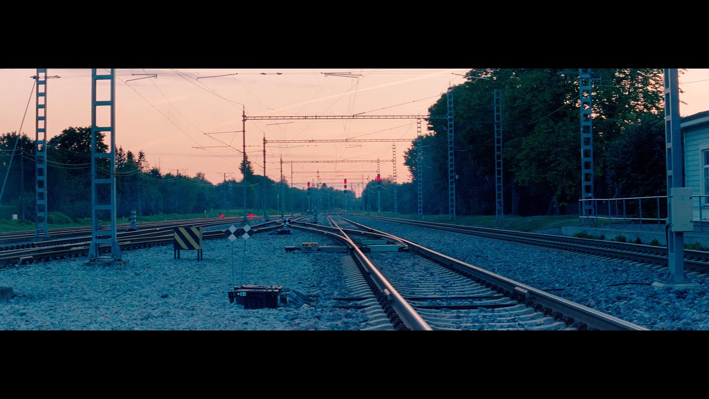 Multiple train tracks converge at a station with overhead power lines and trees under a pink sky.