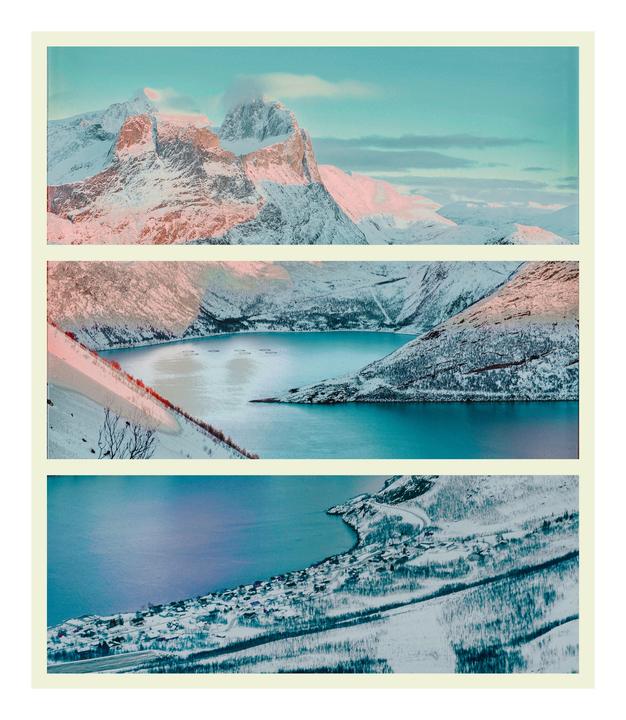 A triptych shows snow-covered mountains and a body of water with a small town on its shore.
