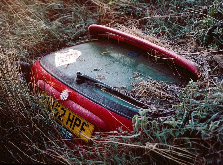 A red and green car is partially obscured by tall grass and weeds, with frost covering its surface.