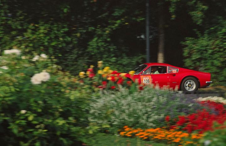 A red car with the number 106 on its side drives past a garden with colorful flowers and green bushes.
