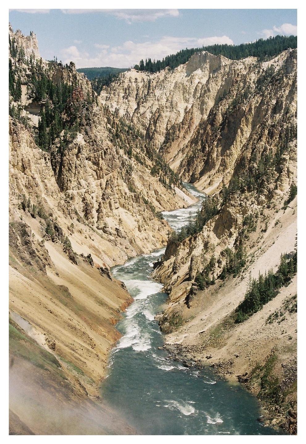 A river flows through a deep canyon with steep, rocky walls and scattered pine trees under a partly cloudy sky.