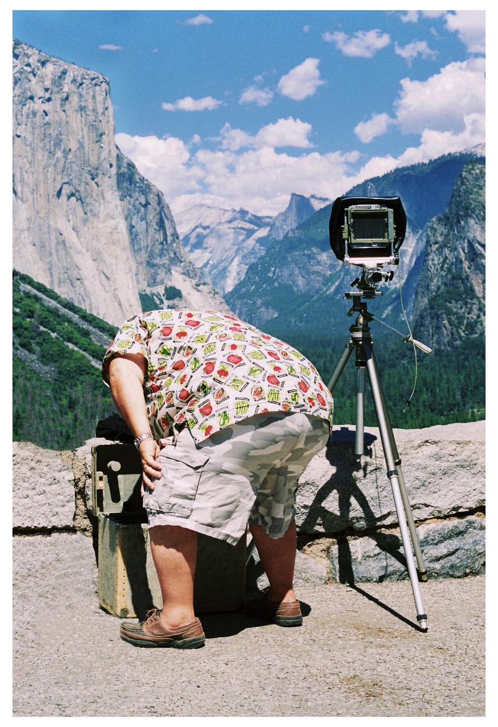 A man bends over a large format camera on a tripod, with mountains and a blue sky in the background.