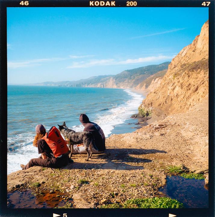 A couple and their dog sit on a cliff overlooking a beach and ocean with a distant coastline.