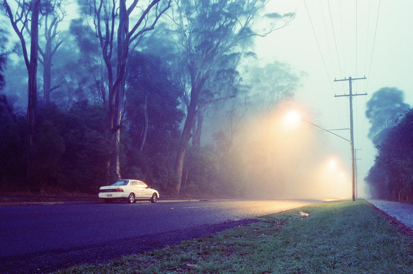 A white car is parked on the side of a road next to a forest, with streetlights illuminating a hazy atmosphere.
