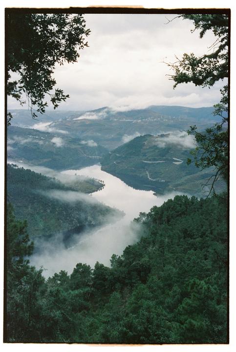 A river winds through a valley covered in trees and fog under a cloudy sky.