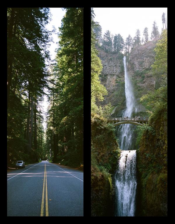 A two-panel image shows a road through a forest on the left and a waterfall with a bridge on the right.