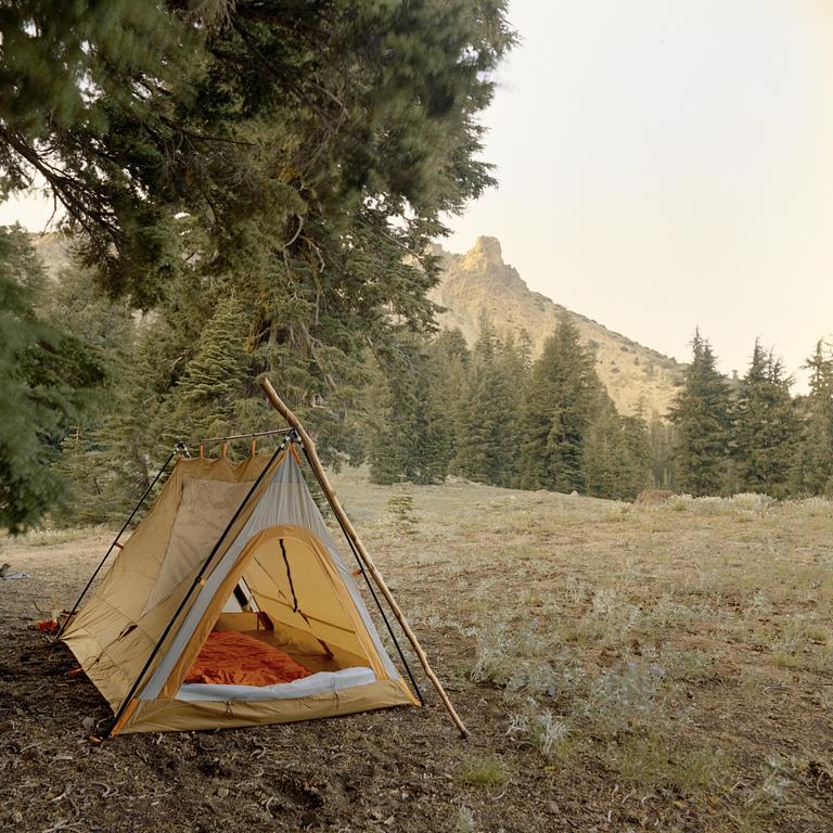 A tent with an orange sleeping bag and white sleeping pad is set up in a clearing surrounded by trees and a mountain.