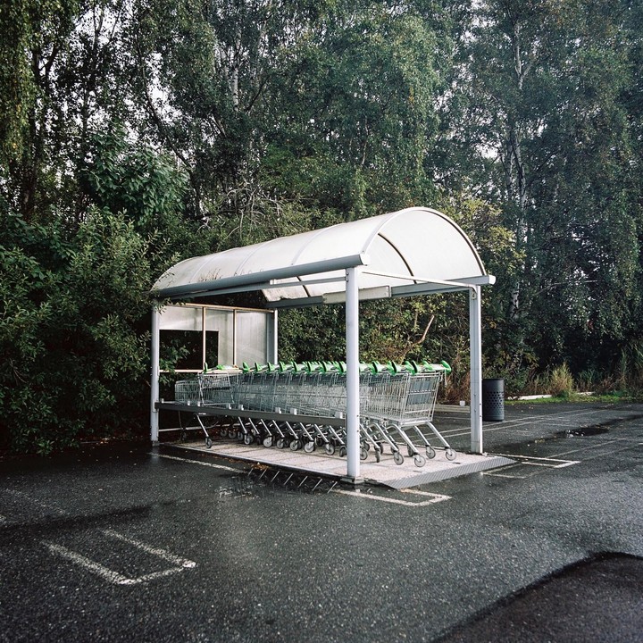 A row of shopping carts sits under a white shelter in a parking lot next to a forest.