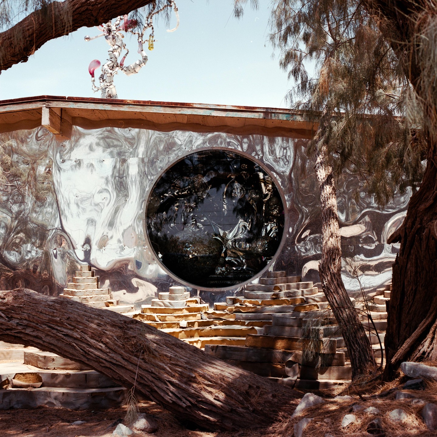 A building with a warped, reflective facade and a large circular window is surrounded by trees and a fallen log.