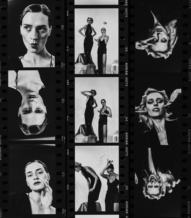 A contact sheet displays multiple black and white portraits of women, some of whom are wearing black dresses.