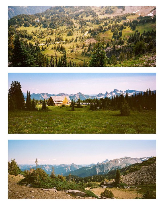 Three panoramic images show a mountain landscape with forests, a building, and distant peaks.