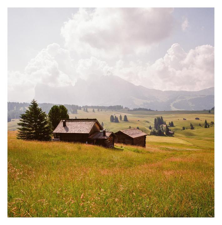 Two wooden cabins sit in a field of tall grass with mountains and clouds in the background.