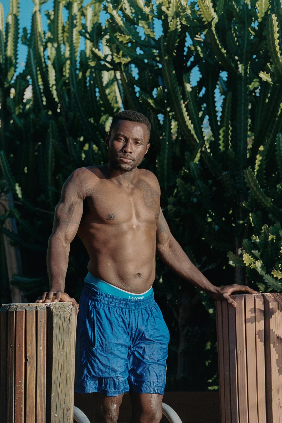 A man in blue swim trunks stands shirtless in front of a tall cactus.