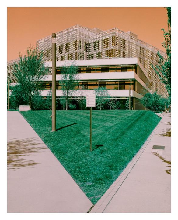 A modern building with a patterned facade stands behind a triangular patch of bright green grass and a sidewalk.