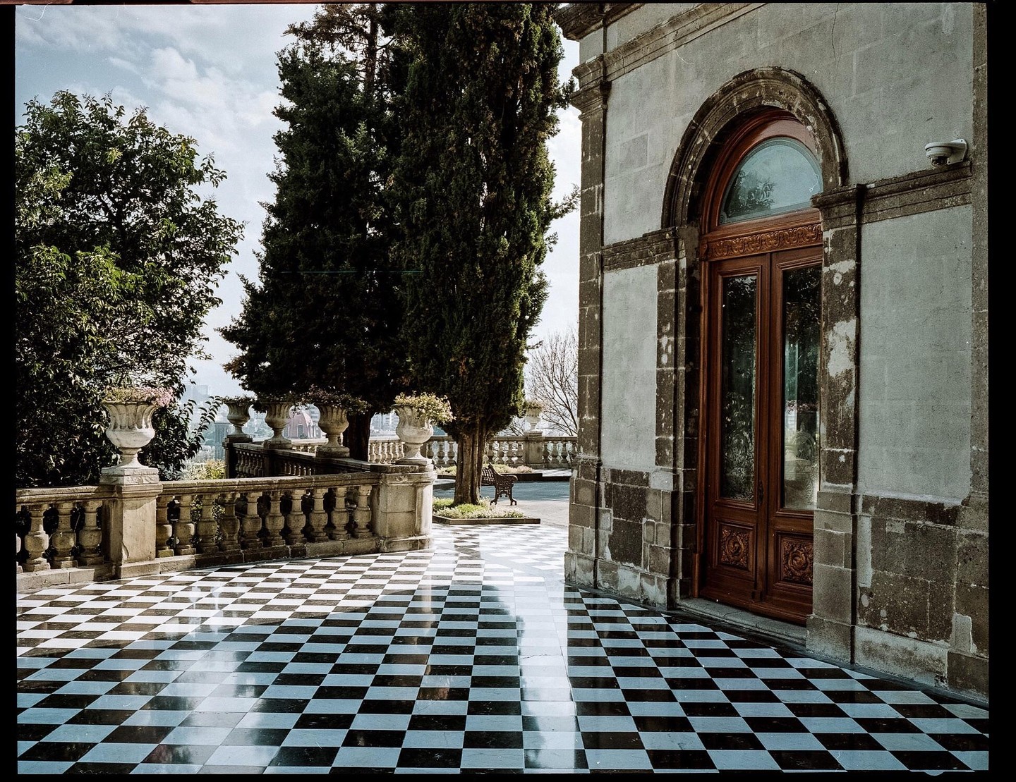A checkered patio with a stone balustrade and a wooden door is surrounded by tall trees.