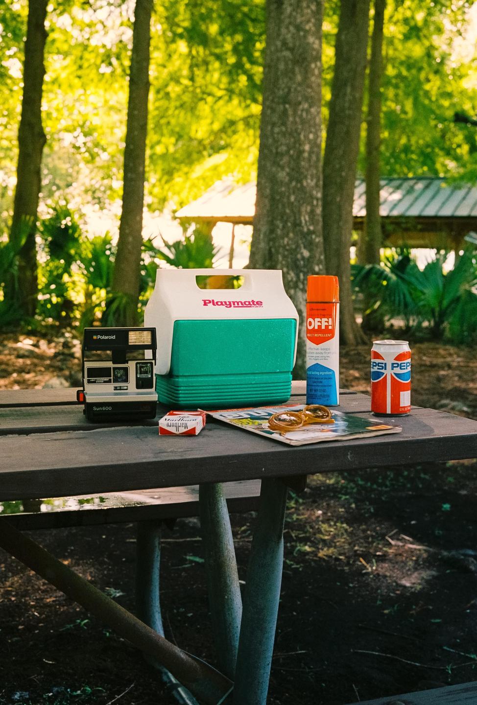 A picnic table in a forest clearing holds a cooler, a camera, bug spray, a soda can, a pack of cigarettes, sunglasses, and a magazine.
