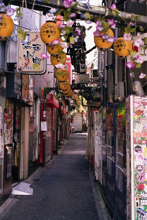 A narrow alleyway is adorned with hanging lanterns and flowers, with buildings and vending machines lining both sides.