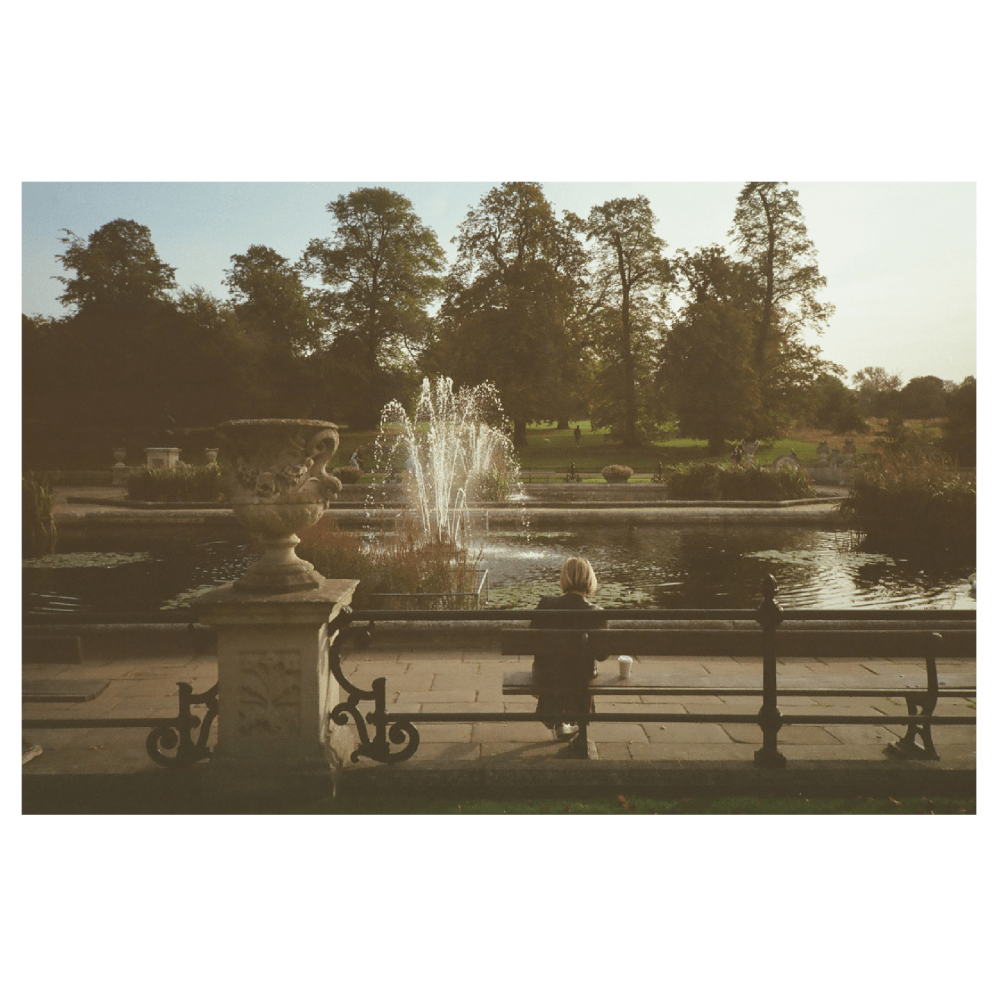 A woman sits on a bench facing a pond with a fountain in a park.