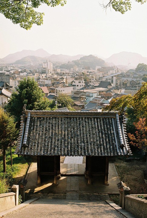 A traditional Japanese gate with a tiled roof stands in the foreground, overlooking a city with mountains in the distance.