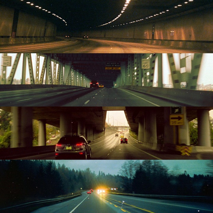 Four horizontal panels show different perspectives of driving on a road, including a tunnel, a bridge, an underpass, and a tree-lined highway.