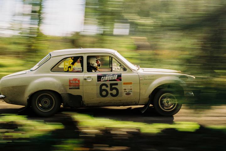 A white rally car with the number 65 on its side speeds past, blurring the green trees in the background.