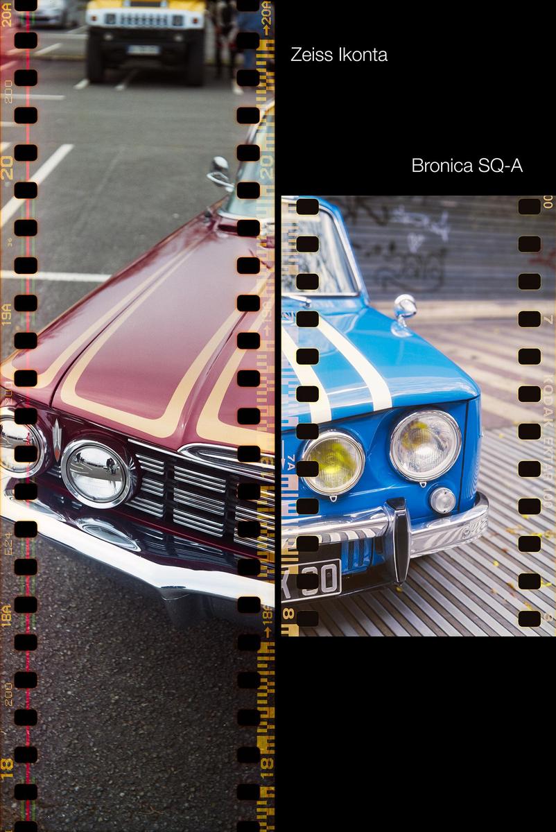 Two cars are parked side by side, one red and one blue, with film sprockets visible on the left and right edges of the image.