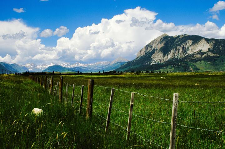 A barbed wire fence runs through a green field towards distant mountains under a blue sky with white clouds.