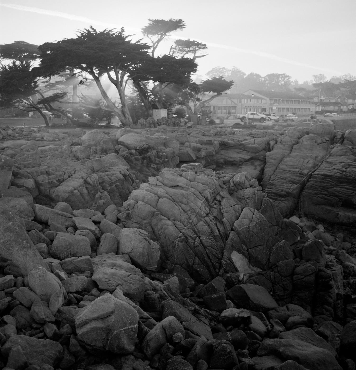 A rocky coastline with cypress trees and buildings in the background is visible under a hazy sky.