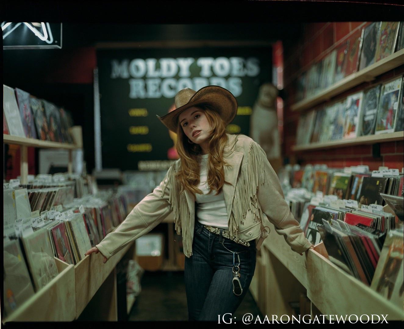 A woman wearing a cowboy hat and a fringed jacket stands in a record store.