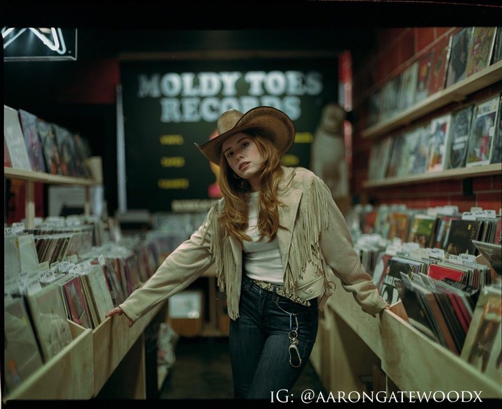 A woman wearing a cowboy hat and a fringed jacket stands in a record store.